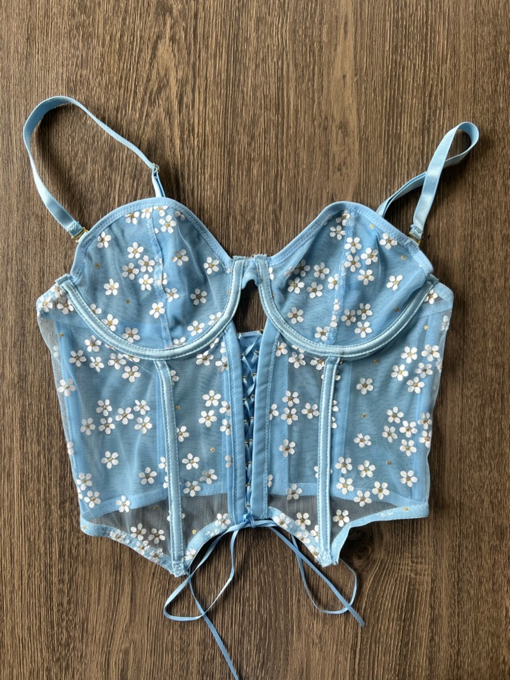 Blue Floral Lace-Up Bustier Bra Top
